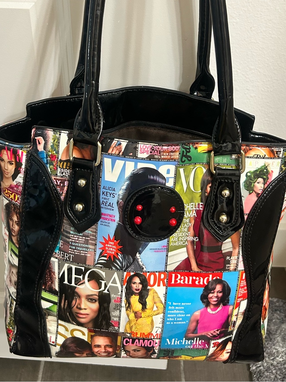 PVC, Magazine,Celebrity Print Tote with Black glossy Trim